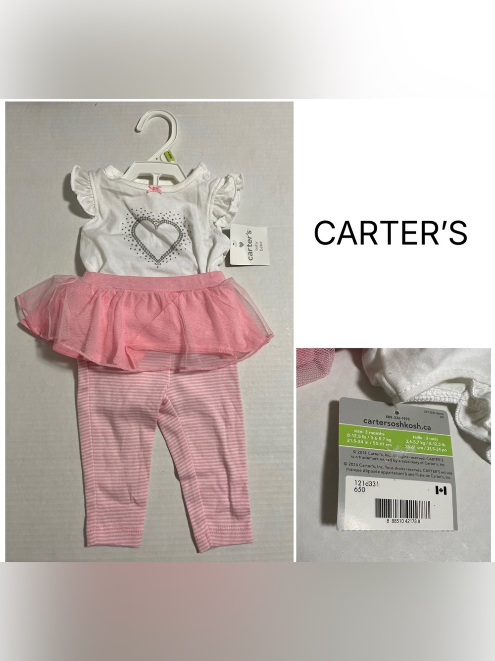 CARTER’S - 3M - NWT - 2PC - INFANT GIRLS PINK SILVER HEART TUTU SET